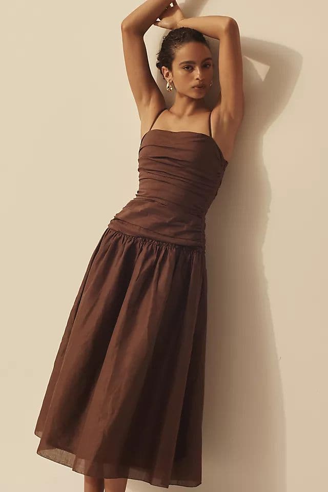 La Maise Studio Drop Waist Brown Linen Midi Dress - Image 2