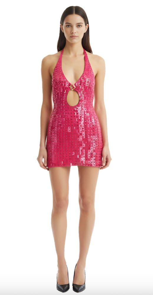Raisa & Vanessa Pink Rhinestone And Plexi Halter Mini Dress - Image 3