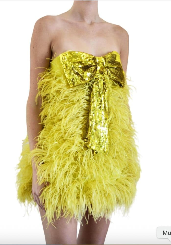 Attico 2019 Yellow/ Gold Feather Mini Dress - Image 3