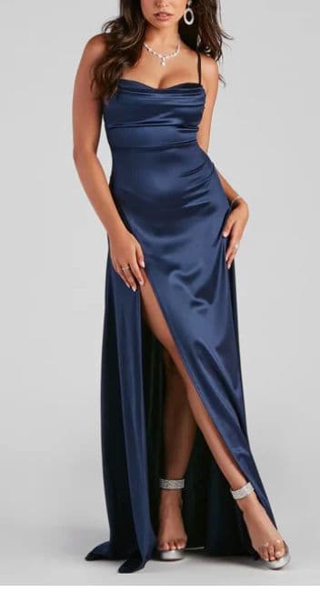 Windsor Navy Satin Formal Dress - Image 2