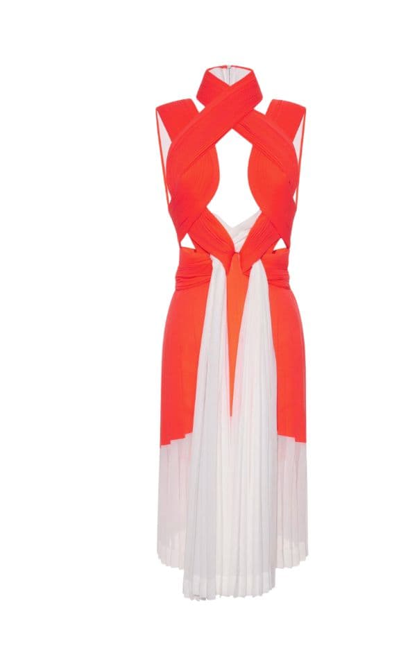 Dion Lee Orange And White Pleated Midi Dress Ss 2014 - Image 1