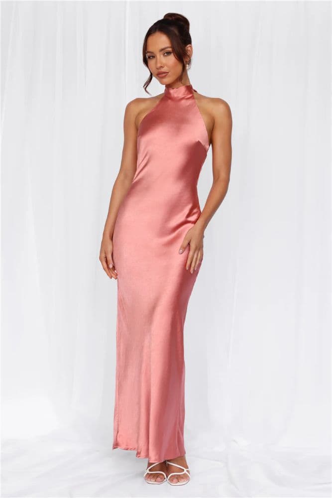 HELLO MOLLY The Cleo Halter Satin Maxi Dress Rose - Image 1