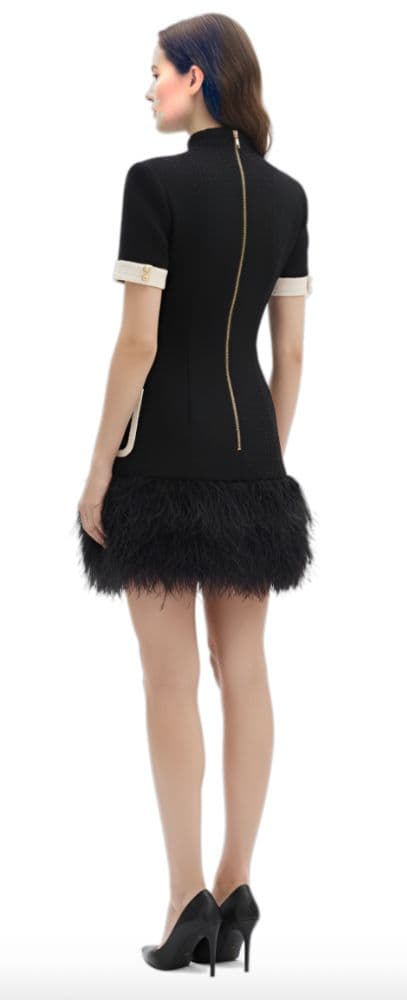 Balmain Black & White Tweed Tuxedo Dress With Feather Trim - Image 2