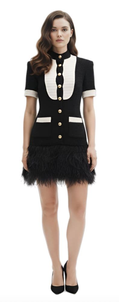 Balmain Black & White Tweed Tuxedo Dress With Feather Trim - Image 1