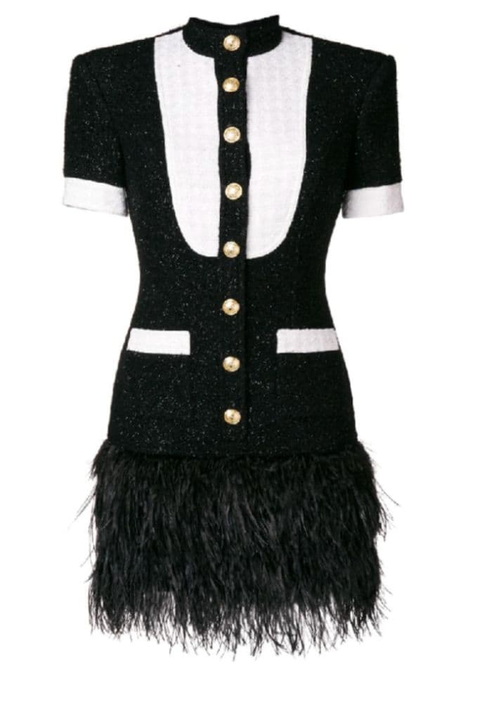 Balmain Black & White Tweed Tuxedo Dress With Feather Trim - Image 3