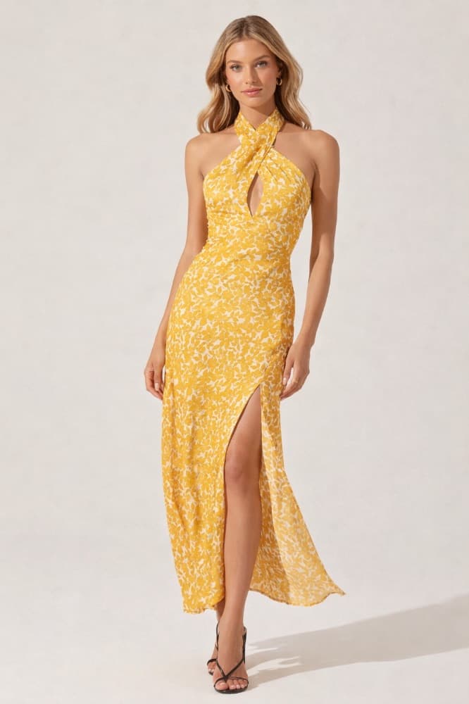 Yellow Floral Halter Neck Midi Dress - Image 1