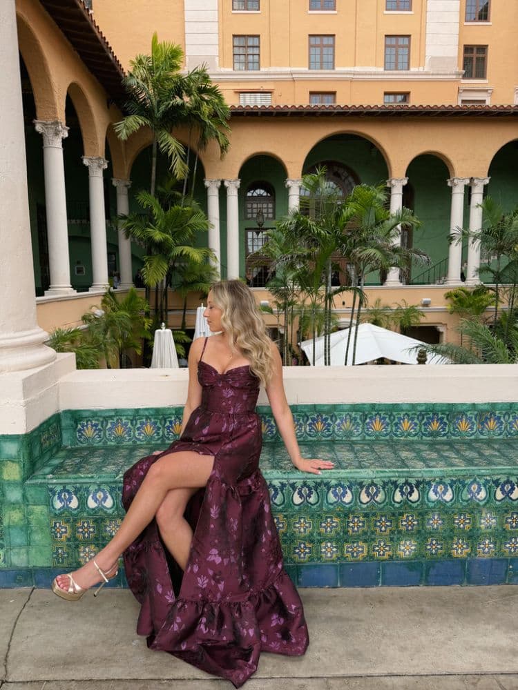 The Lucetta Dress in Plum Baroque Floral - Image 1