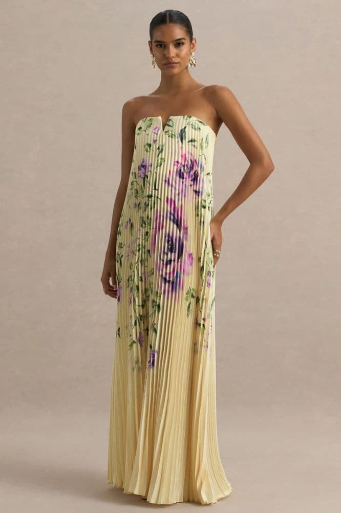 Yellow Floral Pleated Evening Gown - Image 1