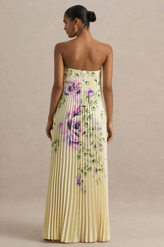 Yellow Floral Pleated Evening Gown - Image 2