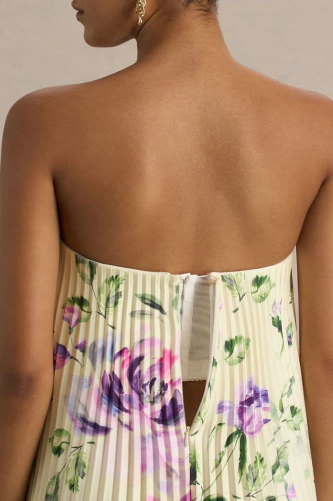 Yellow Floral Pleated Evening Gown - Image 5