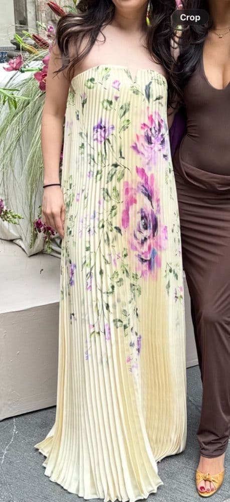 Yellow Floral Pleated Evening Gown - Image 3
