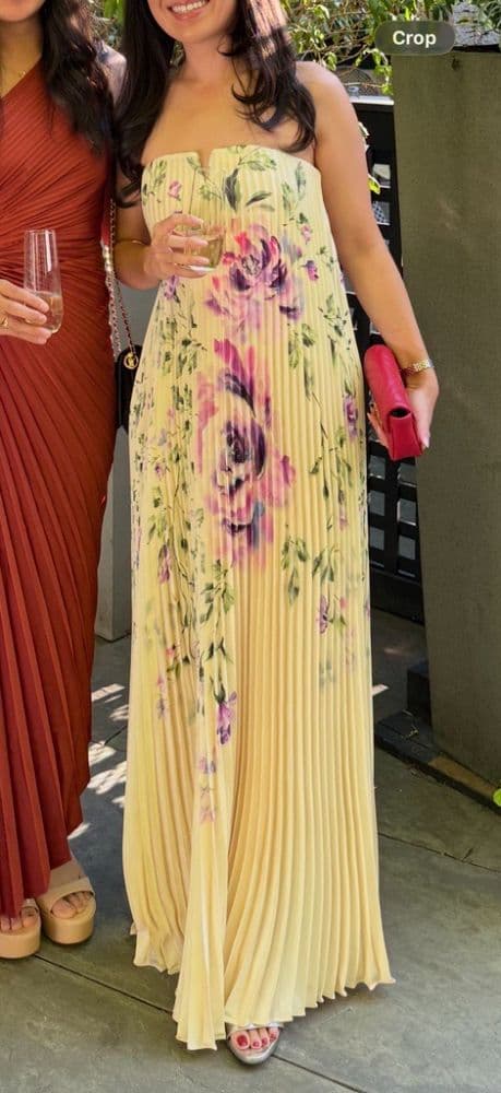 Yellow Floral Pleated Evening Gown - Image 4