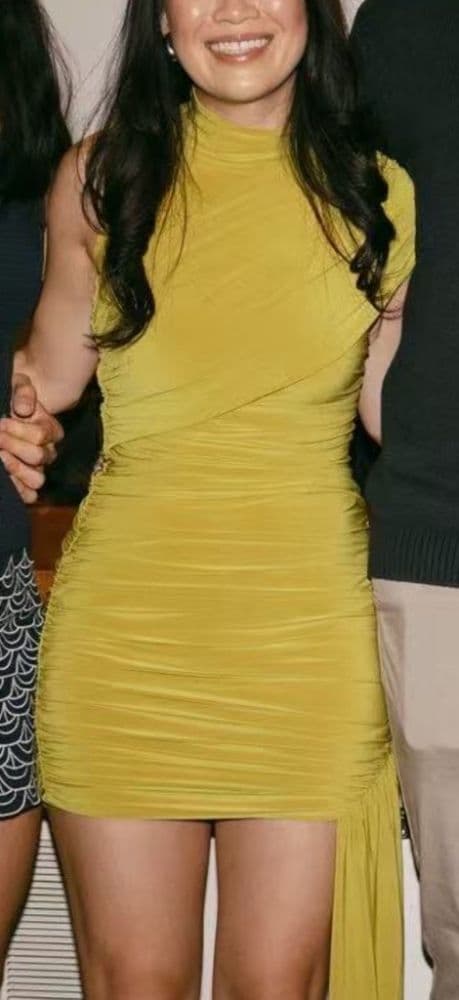 Green Ruched Mini Dress w Sash - Image 2