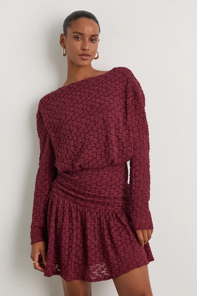 Lulus Textured Knit Ruched Long Sleeve Mini Dress - Image 1