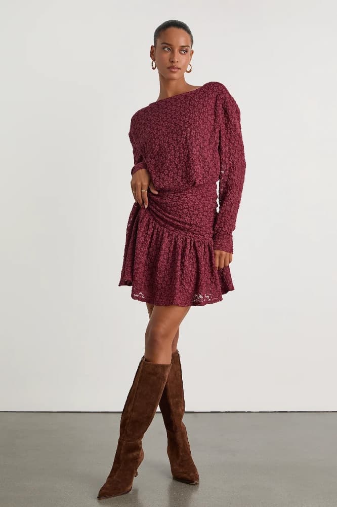 Lulus Textured Knit Ruched Long Sleeve Mini Dress - Image 2