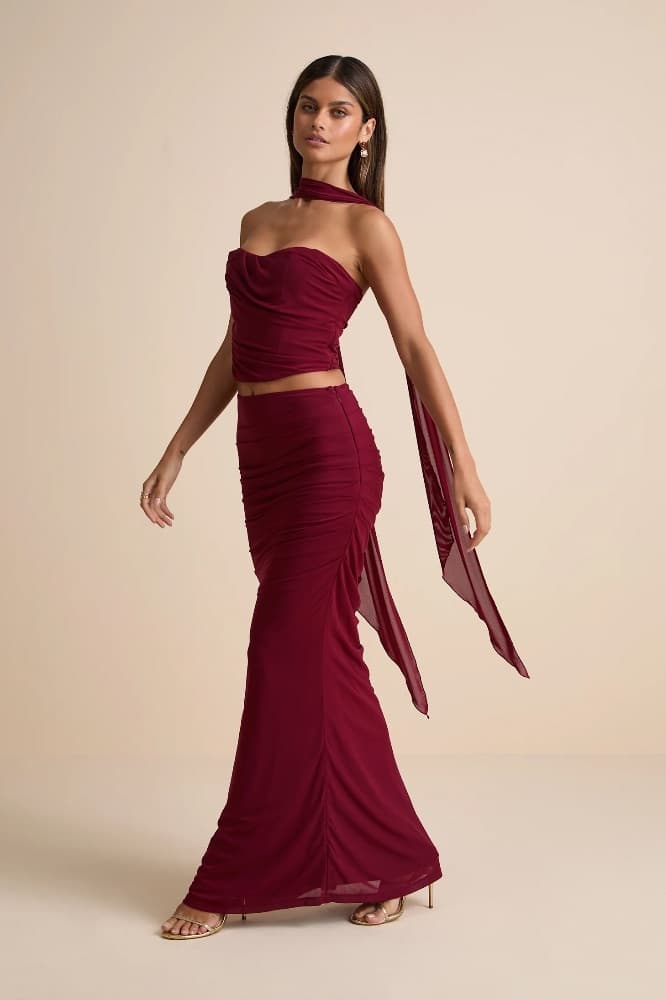 Lulus Elvena Wine Red Strapless Two-Piece Maxi Dress - Image 3