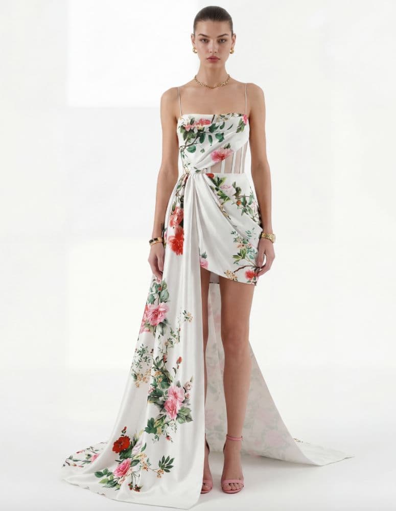 Alex Perry Corseted Floral Mini Dress With Train - Image 1