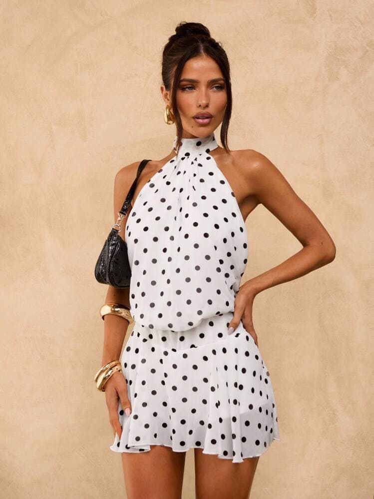Black and White Polka Dot Backless Halter Dress - Image 3