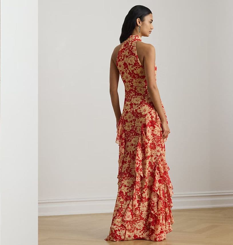 Ralph Lauren Floral Ruffle Halter Gown - Image 4