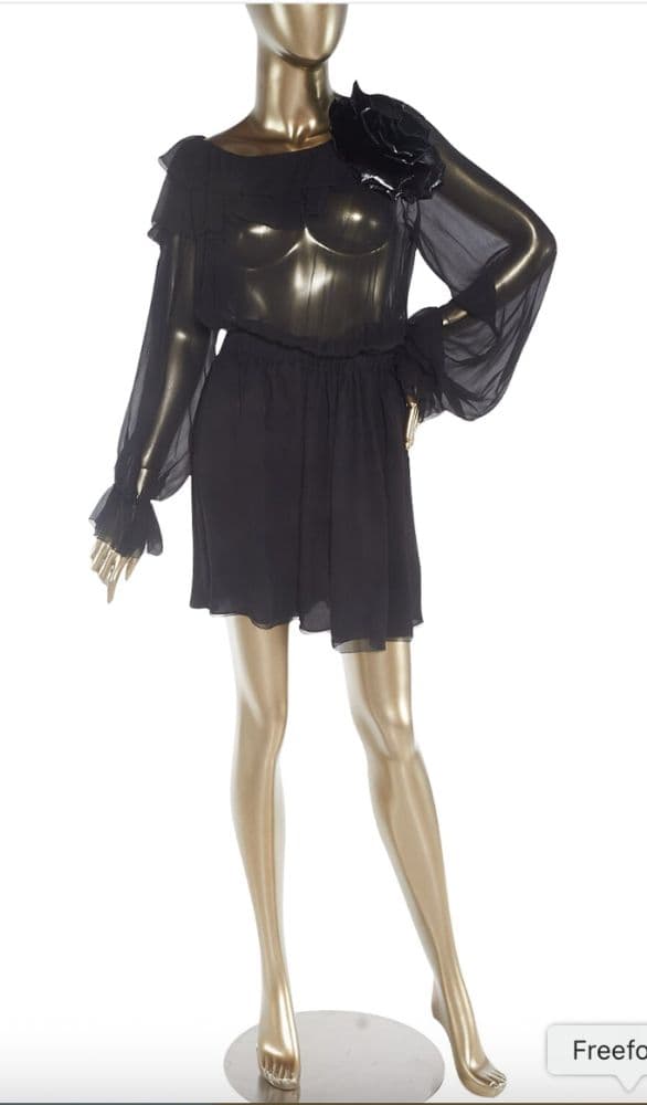 Saint Laurent Sheer Crepe Dress W/ Leather Flower Pin - Image 3