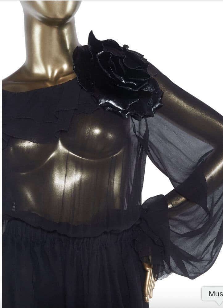 Saint Laurent Sheer Crepe Dress W/ Leather Flower Pin - Image 4
