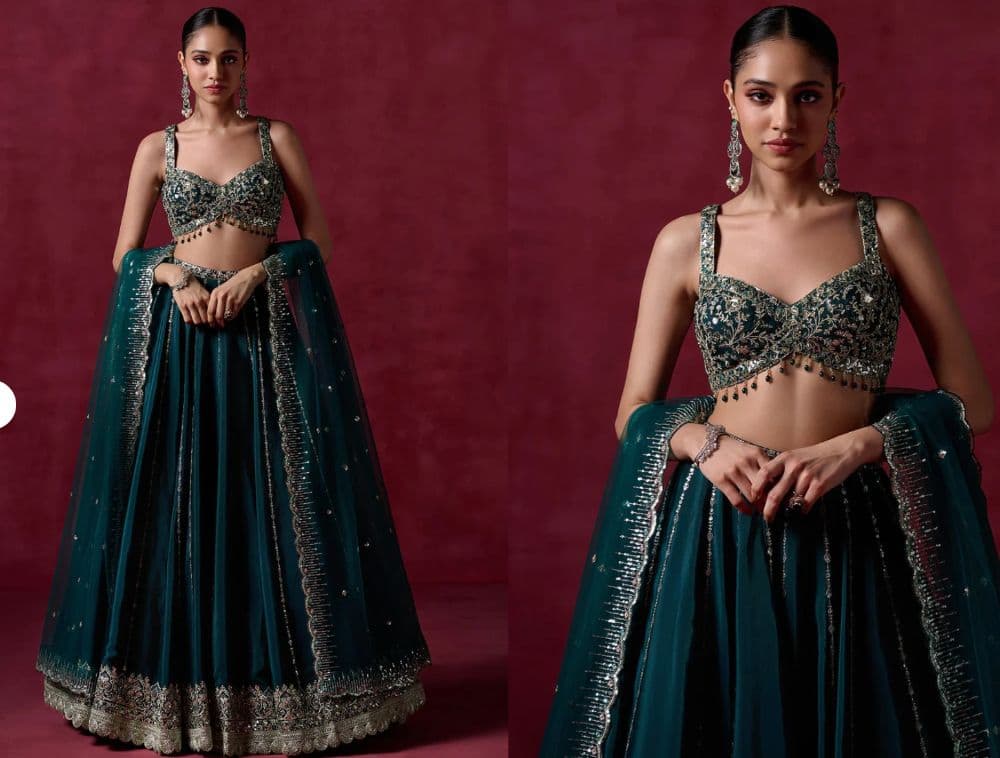 Teal Green Embroidered Lehenga - Image 2