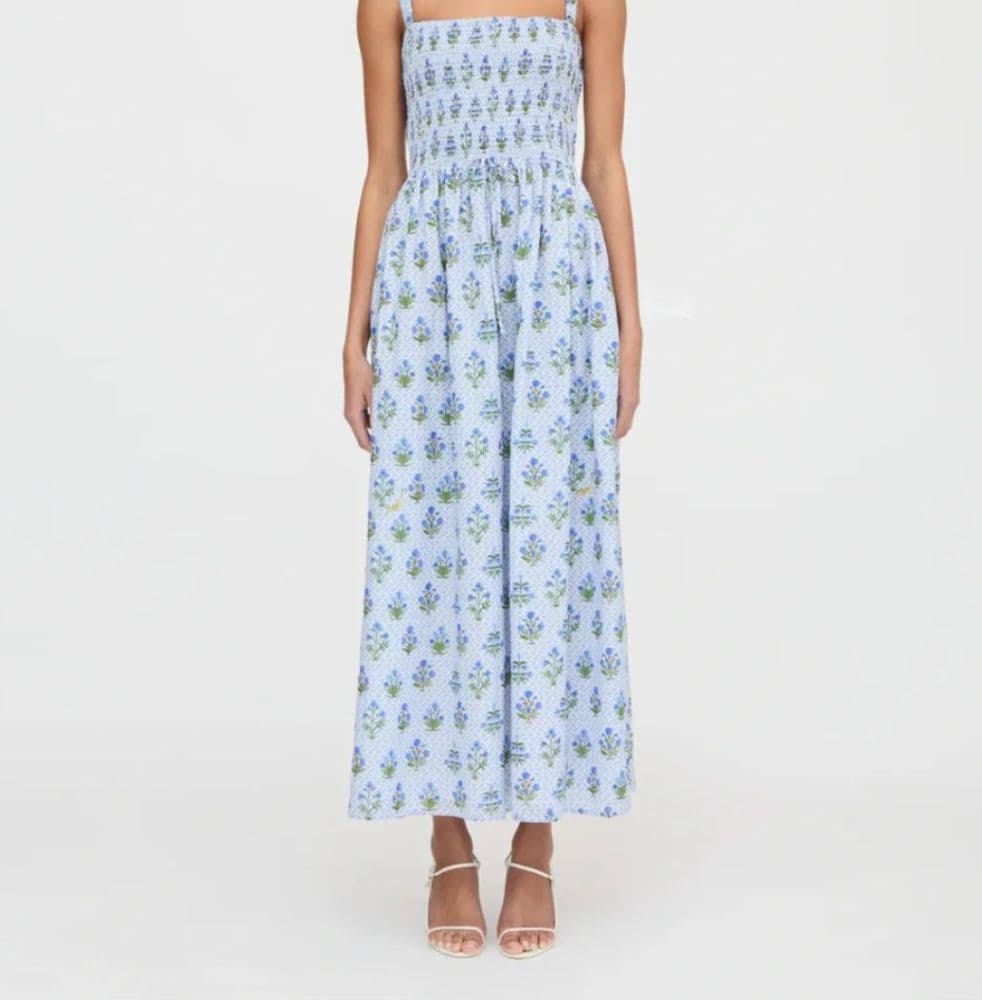 Light Blue Floral Smocked Midi Dress - Image 1