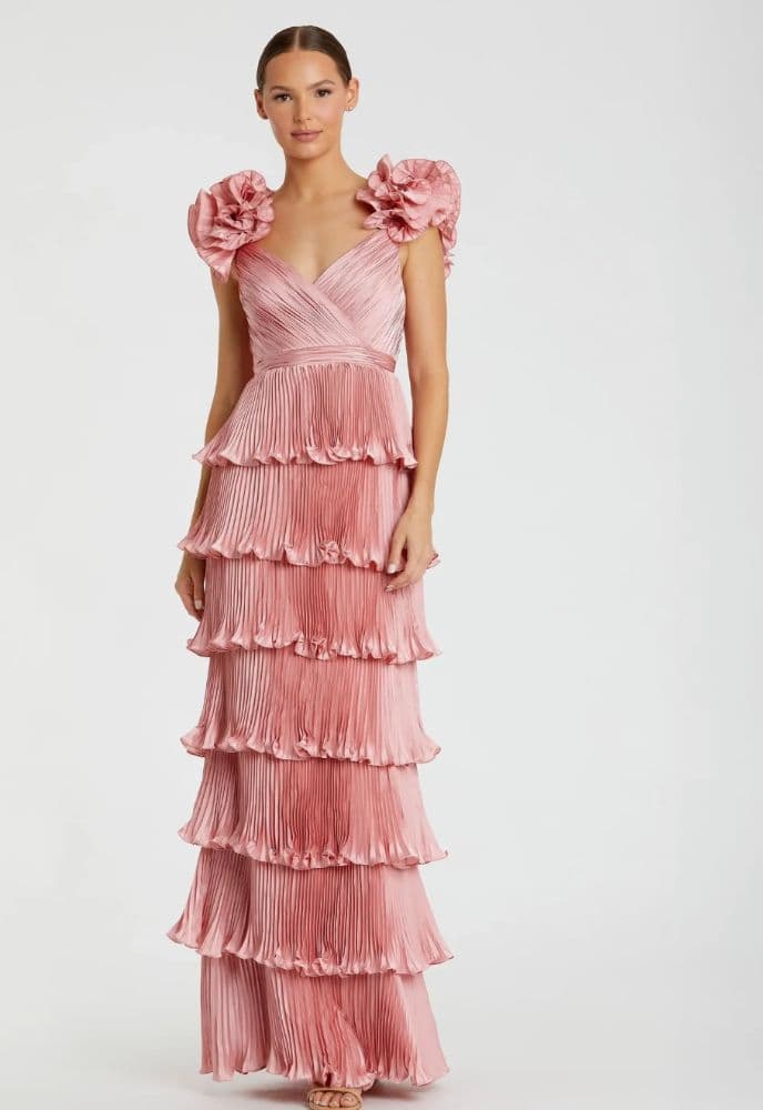 Mac Duggal Pink Pleated Charmeuse Tiered Gown With Ruffle Straps - Image 1