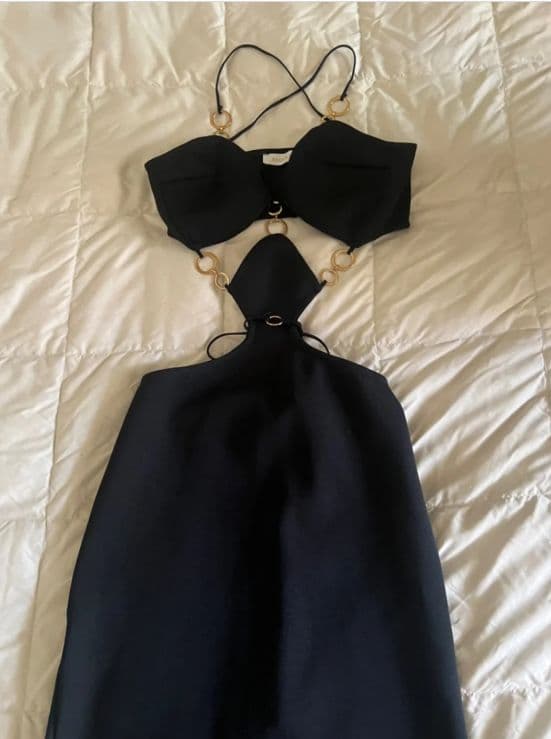 Black Midi Dress with Gold Ring Cutouts - Image 1