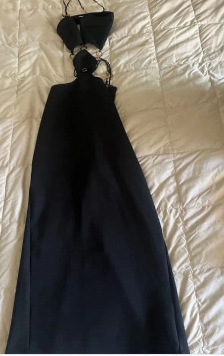Black Midi Dress with Gold Ring Cutouts - Image 2