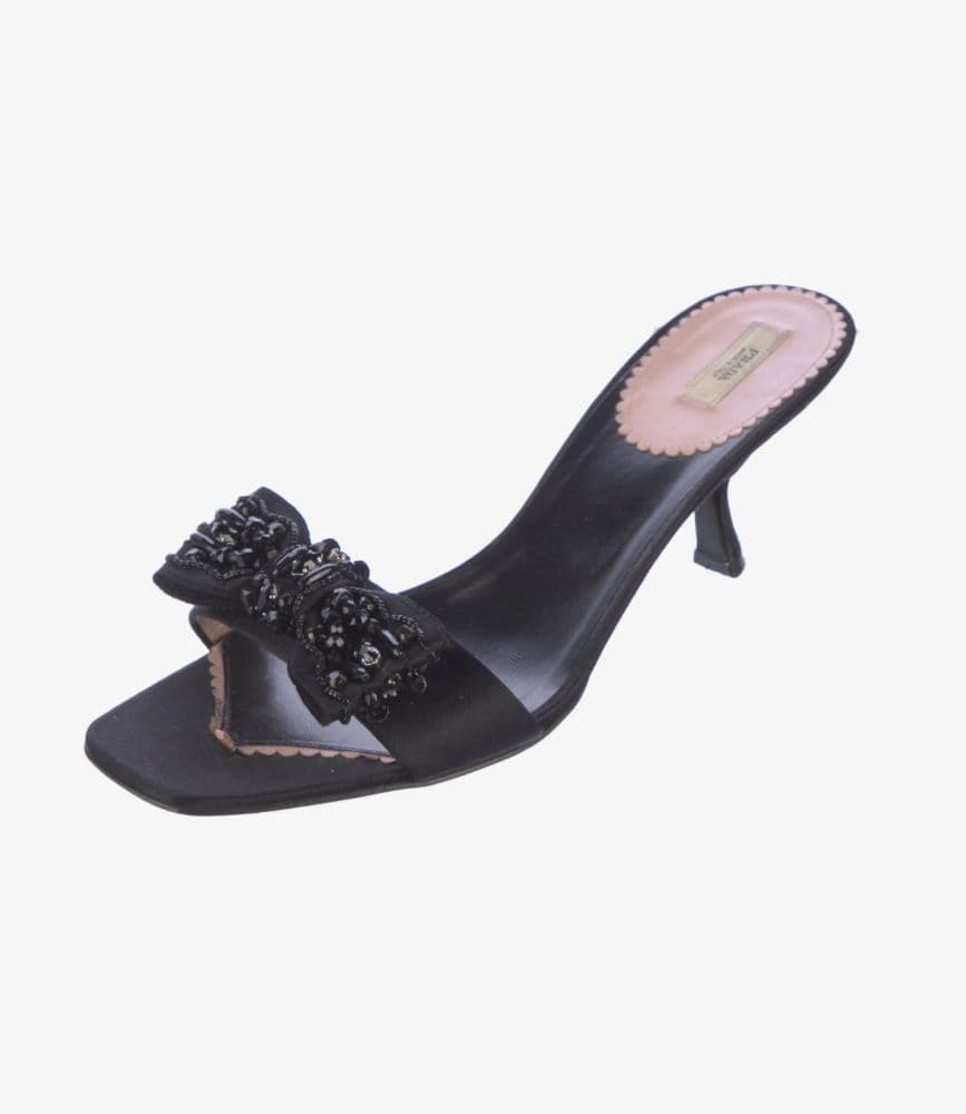 Prada Satin Bow Accents Black Sequin Embellished Unique Vintage Kitten Heel Slides - Image 2