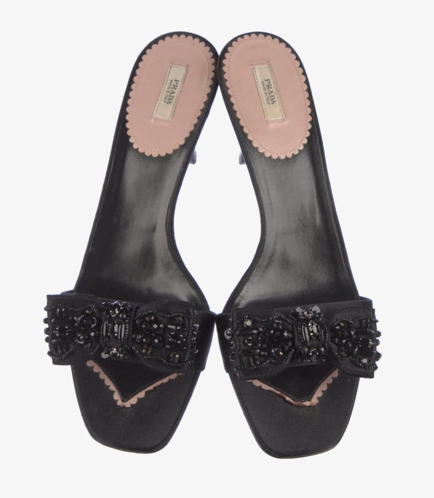 Prada Satin Bow Accents Black Sequin Embellished Unique Vintage Kitten Heel Slides - Image 3