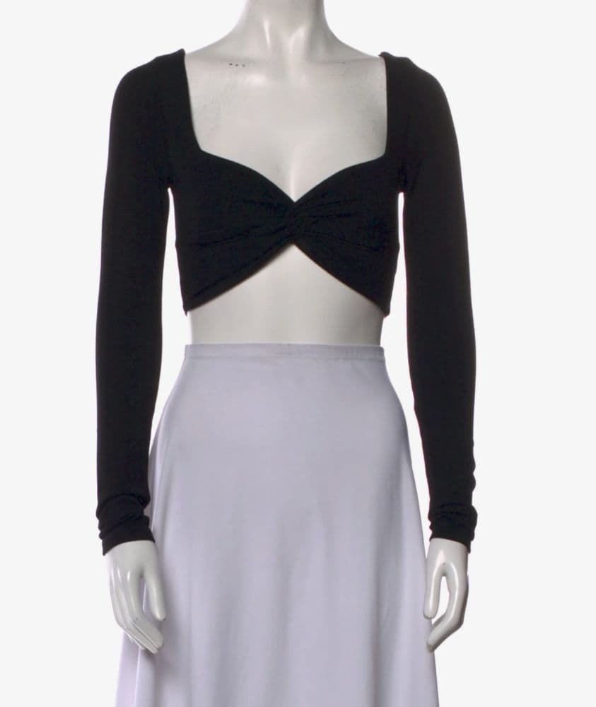 Leset Twist Long Sleeve Black Crop Top w/ Sweetheart Neckline - Image 1