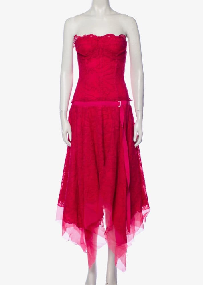 $9.6k Alexander McQueen Strapless Evening Pink Lace Mesh Organza Asymmetrical Fuschia Gown Dress - Image 3
