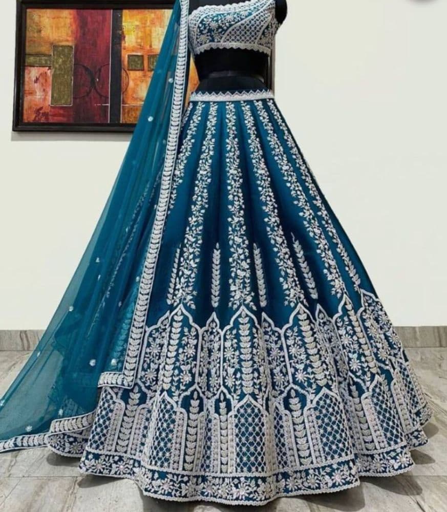 Blue and White Embroidered Lehenga Choli Set - Image 6