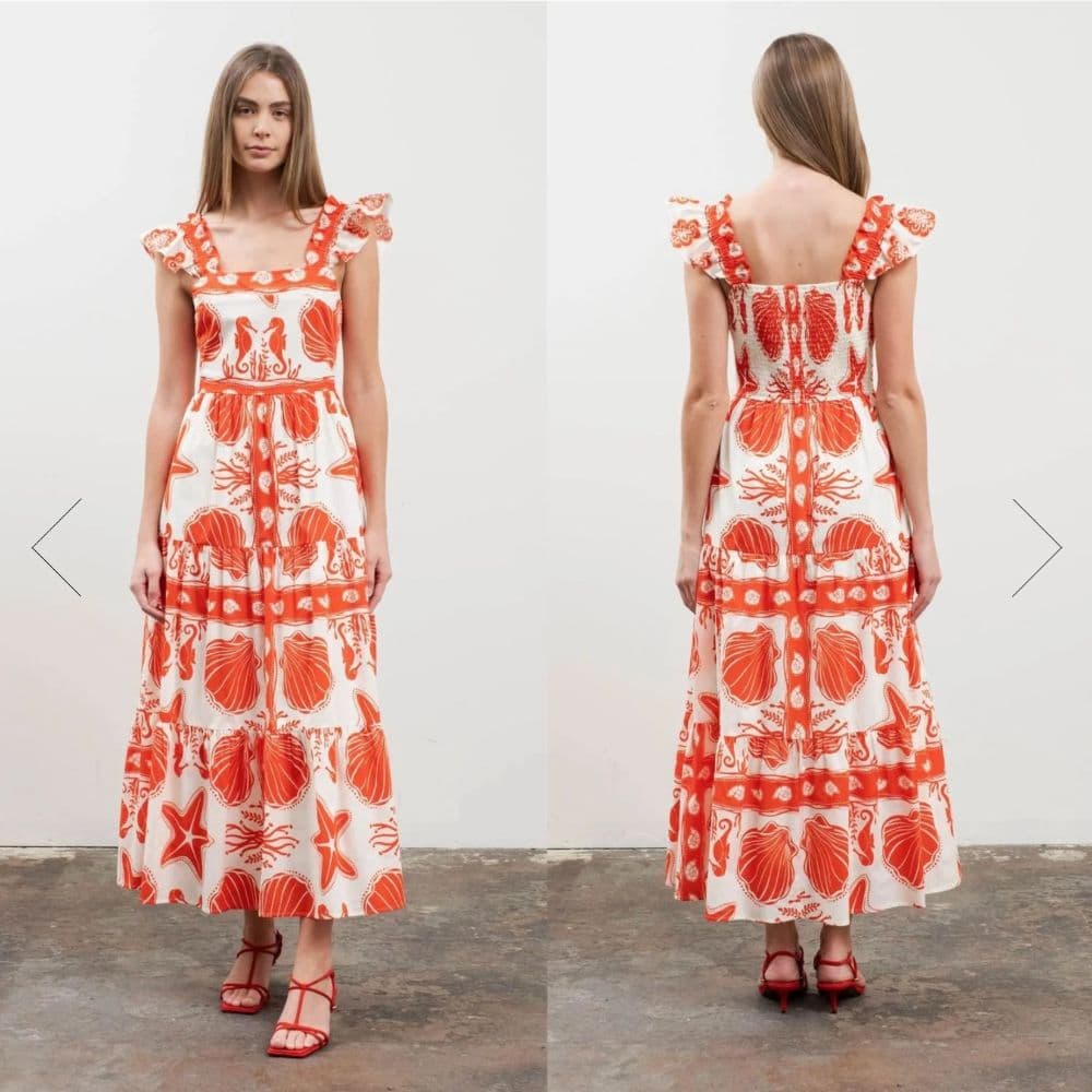 Anthropologie Red and White Sea Shell Print Maxi Dress - Image 1