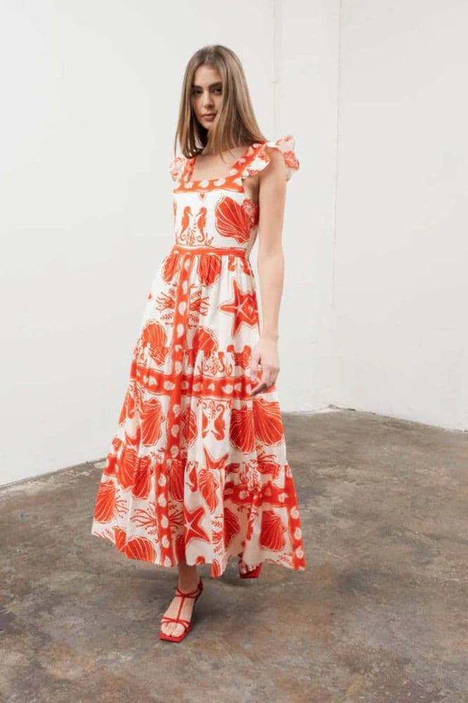 Anthropologie Red and White Sea Shell Print Maxi Dress - Image 2
