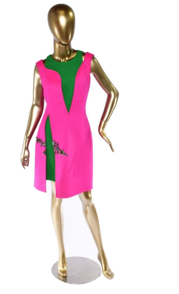 Christian Dior Fall 2014 Raf Simons Green Pink Wool Blend Cutout Embellished Dress - Image 2