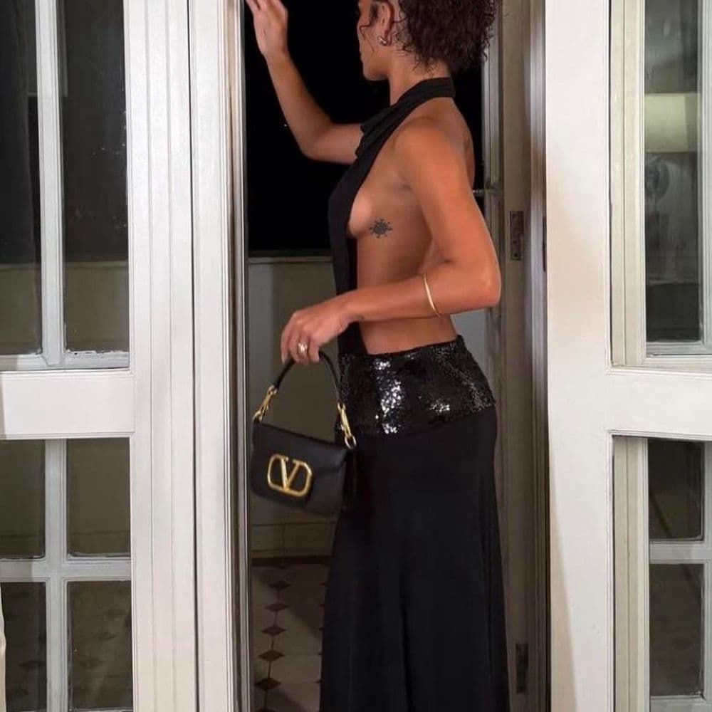 Black Sequin Backless Halter Drop Waist Gown - Image 3