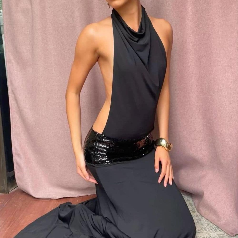 Black Sequin Backless Halter Drop Waist Gown - Image 1
