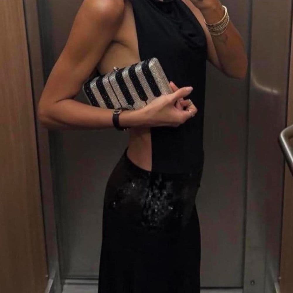 Black Sequin Backless Halter Drop Waist Gown - Image 2