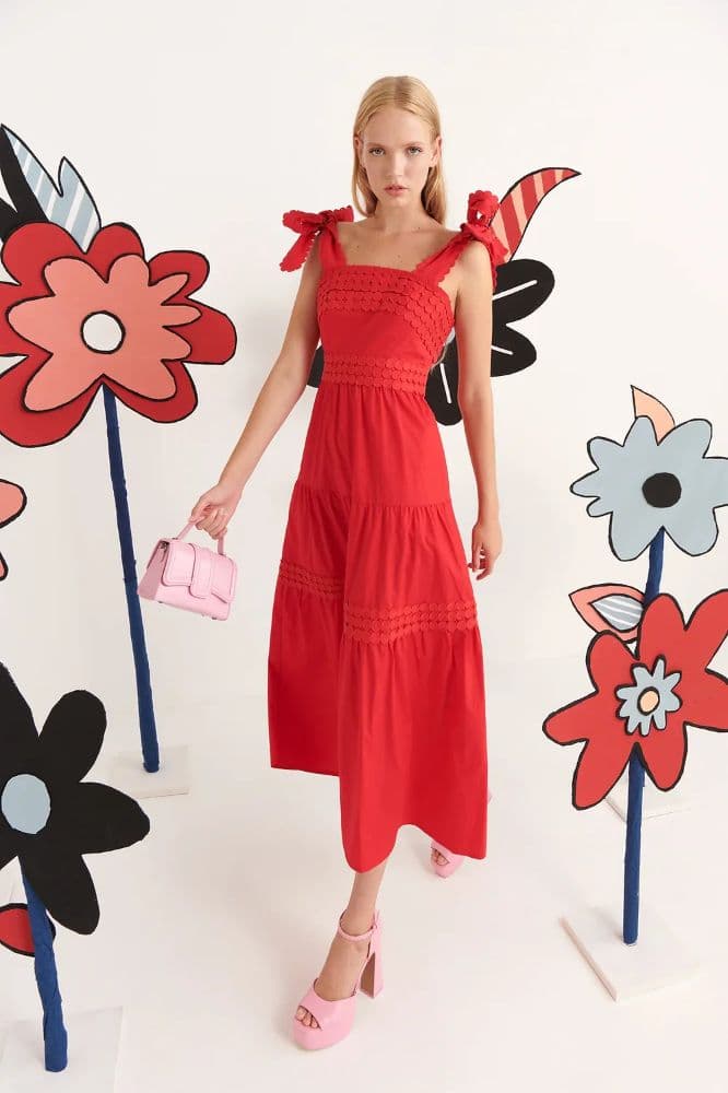 Red Smocked Tiered Midi Dress - Image 2