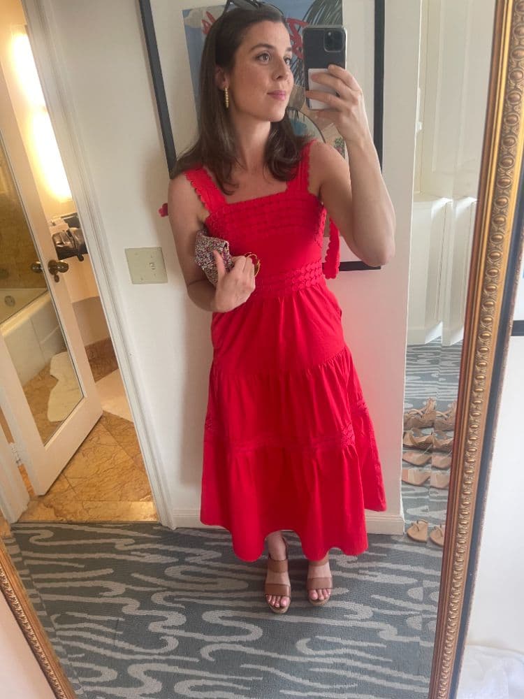 Red Smocked Tiered Midi Dress - Image 1