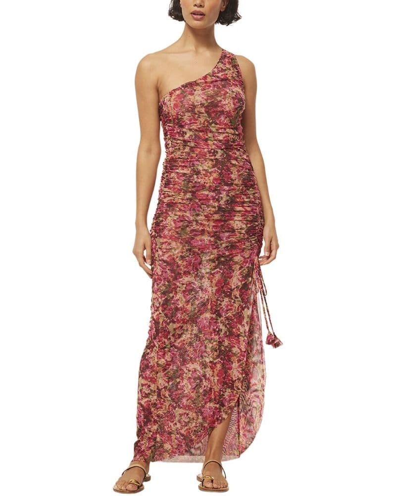 Pink Floral Ruched One-Shoulder Maxi Dress - Image 1