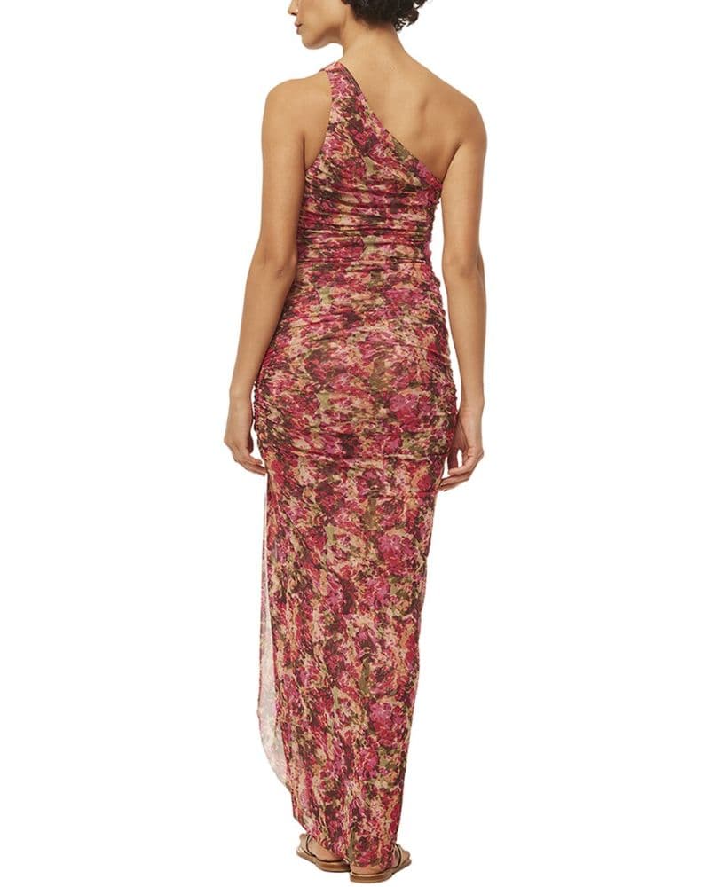 Pink Floral Ruched One-Shoulder Maxi Dress - Image 2