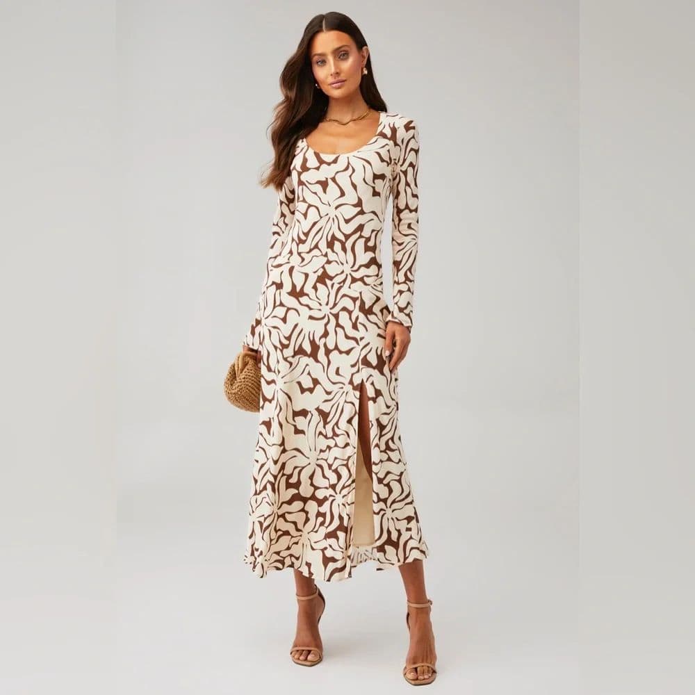 Cream Brown Abstract Print Midi Dress - Image 1