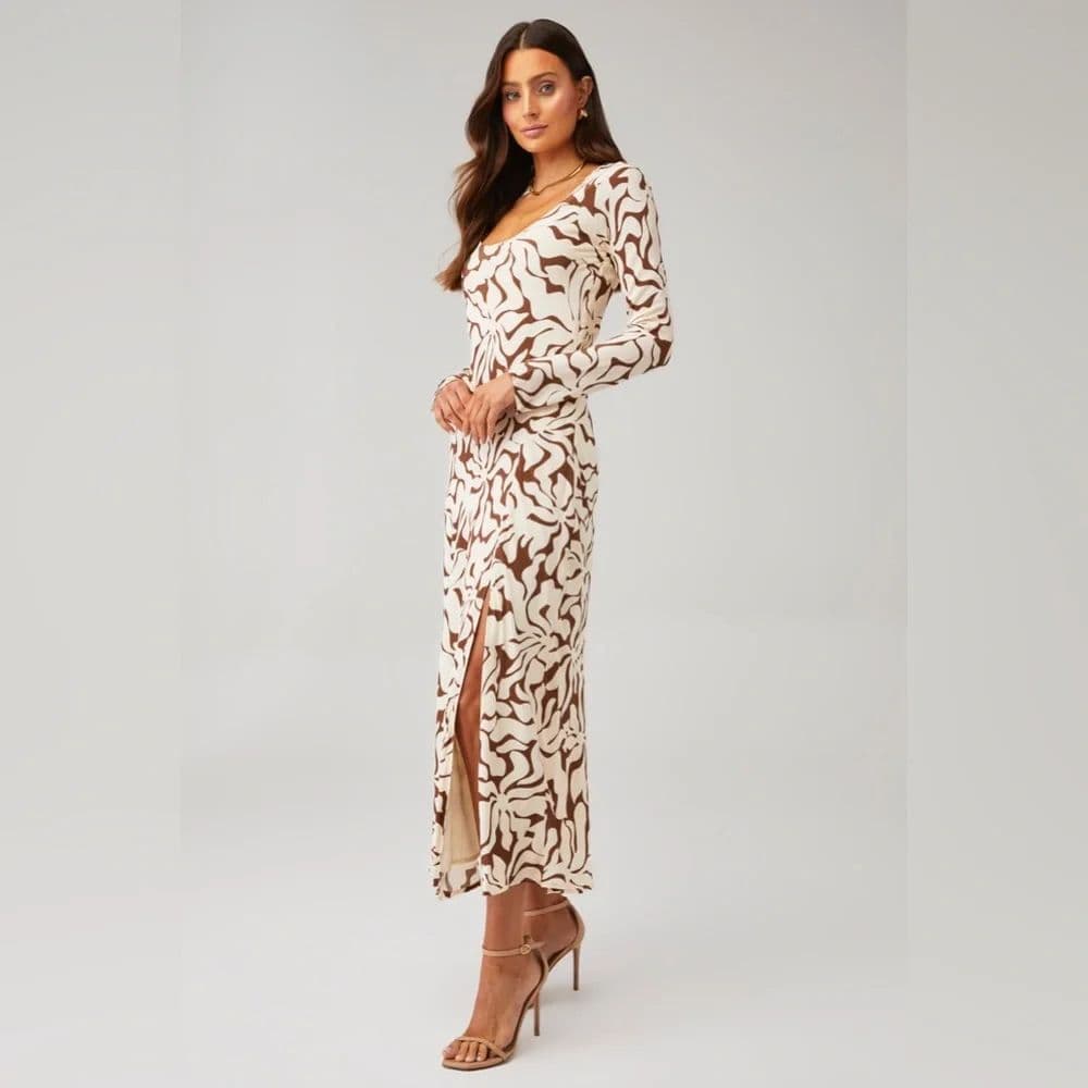 Cream Brown Abstract Print Midi Dress - Image 2