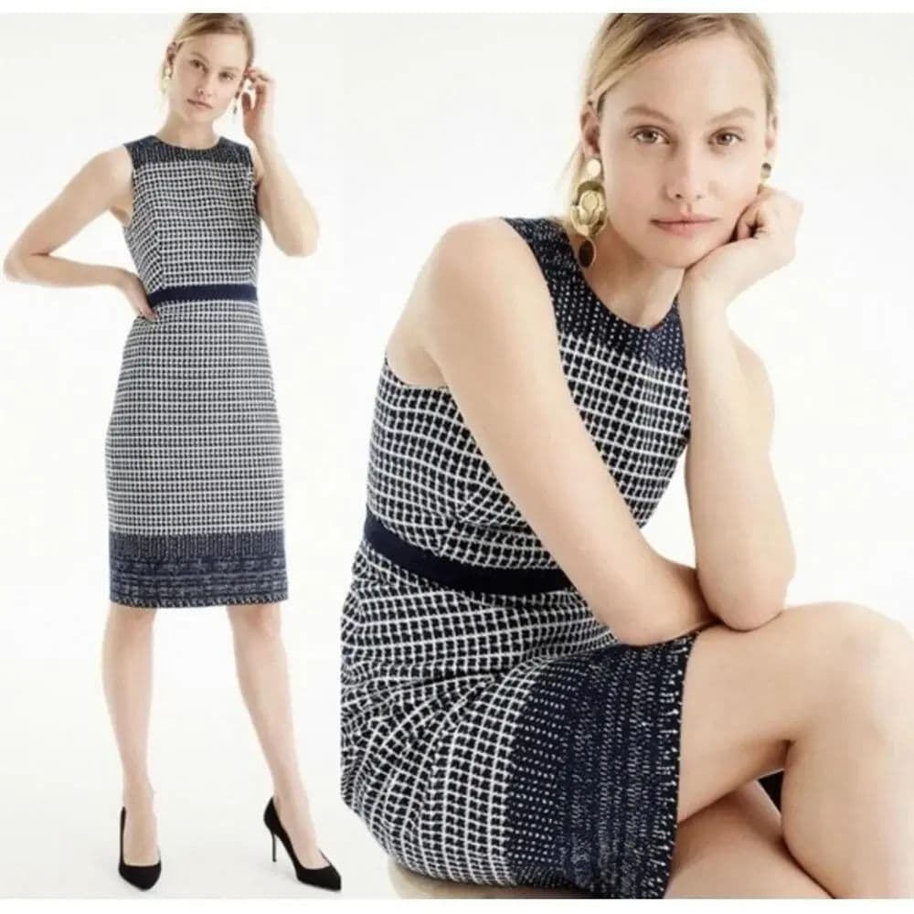 NEW J CREW Navy Blue White Check Tweedy Sheath Dress - Image 2