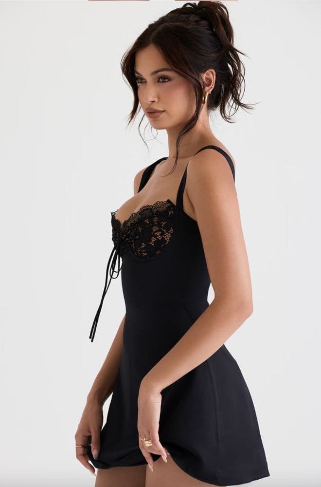 House of CB Adriana Black Satin And Lace Mini Dress - Image 3