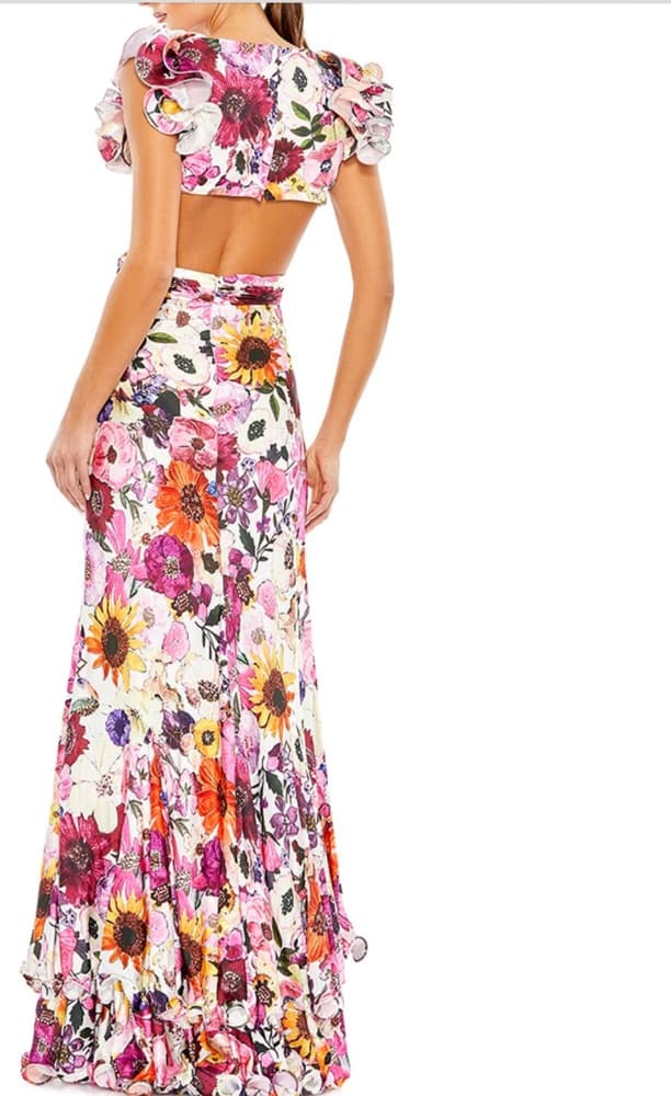 Mac Duggal Floral Print Ruffle Shoulder Cutt Out Gown - Image 2
